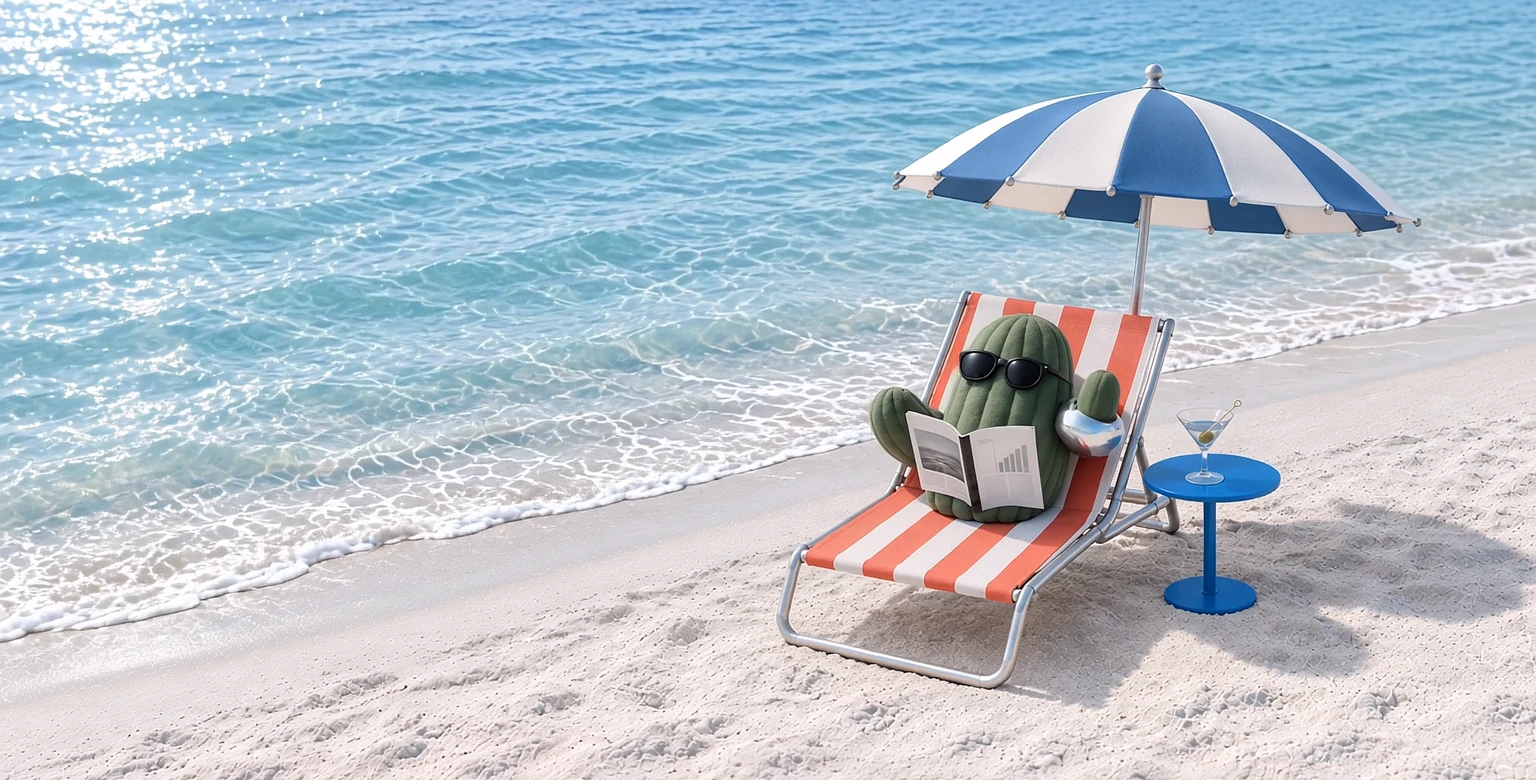 Swimmy reading under a muted blue parasol on a coral striped sunbed, beside a matching side table and martini
