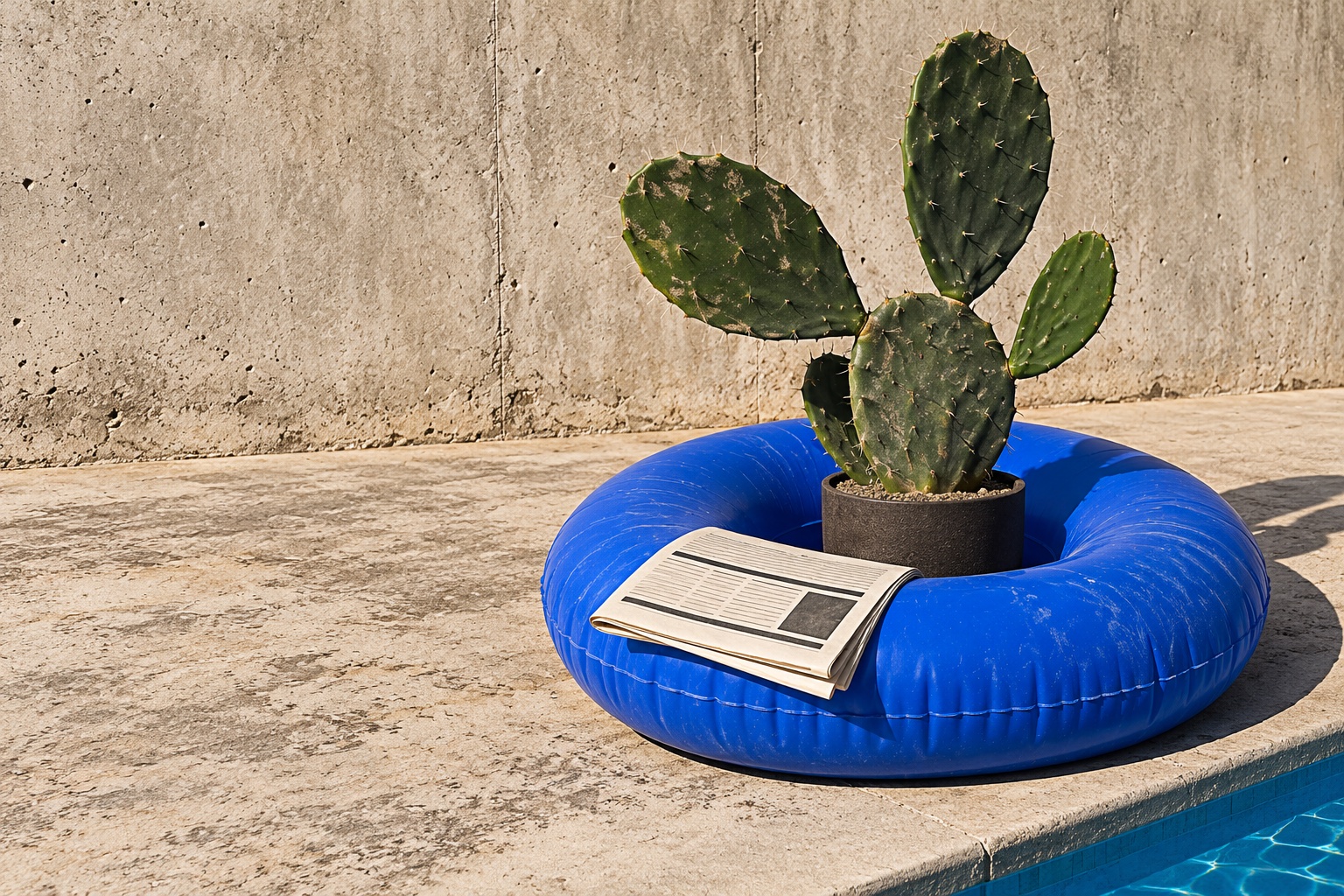 Original AI-generated campaign artwork: a cactus in a cobalt swimming ring, with a newspaper, on a sunlit concrete pool deck.