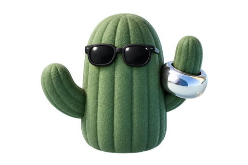 Swimmy, the fictional CACTUSWIM cactus, wearing sunglasses and a silver armband